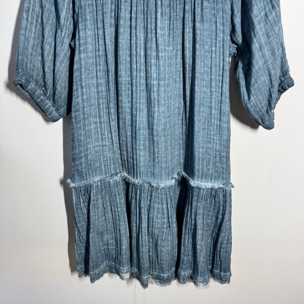 Natural Life Gauze Mini Dress Women S Blue Cotton Minimal Cottage Puff Sleeve - Picture 5 of 8